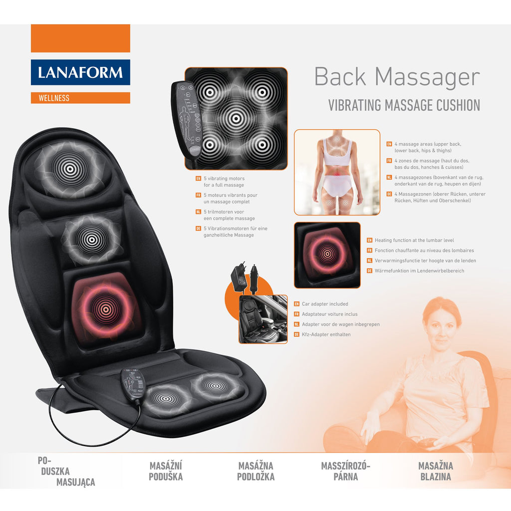 Lanaform Back Massager – Vibrerande massagekudde med värme för rygg och säte