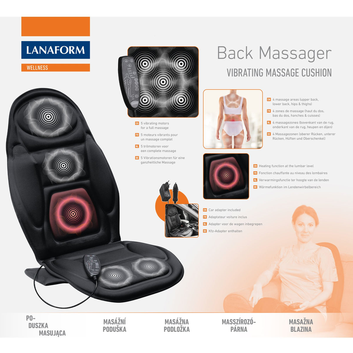 Lanaform Back Massager – Vibrerande massagekudde med värme för rygg och säte